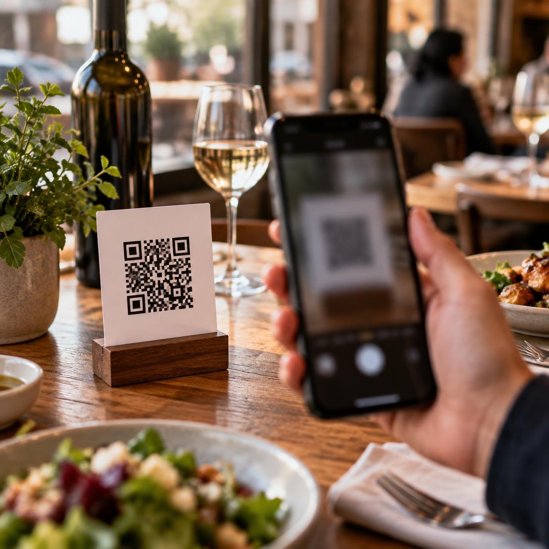 Mano escaneando con el móvil el código QR de una mesa de restaurante