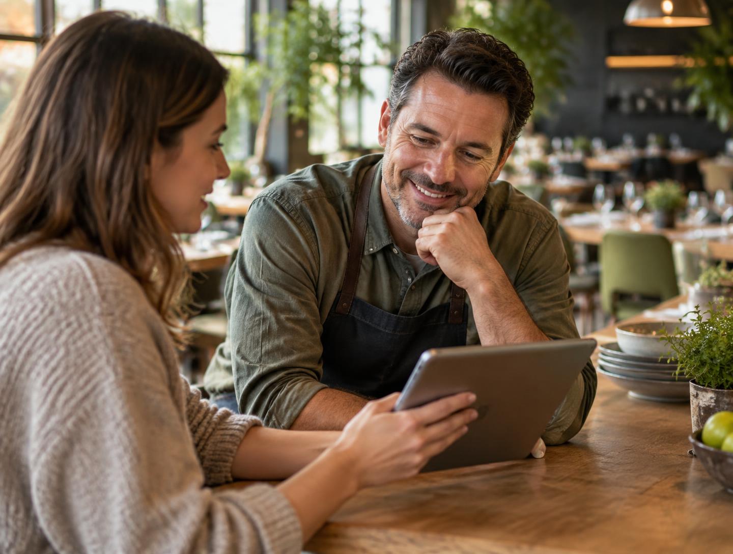 Tu consultor digital revisando los datos del restaurante junto a su dueño en la barra